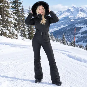 Women's Windproof Waterproof Warm Belted Ski Jumpsuit Snow Clothes with Fur Hood